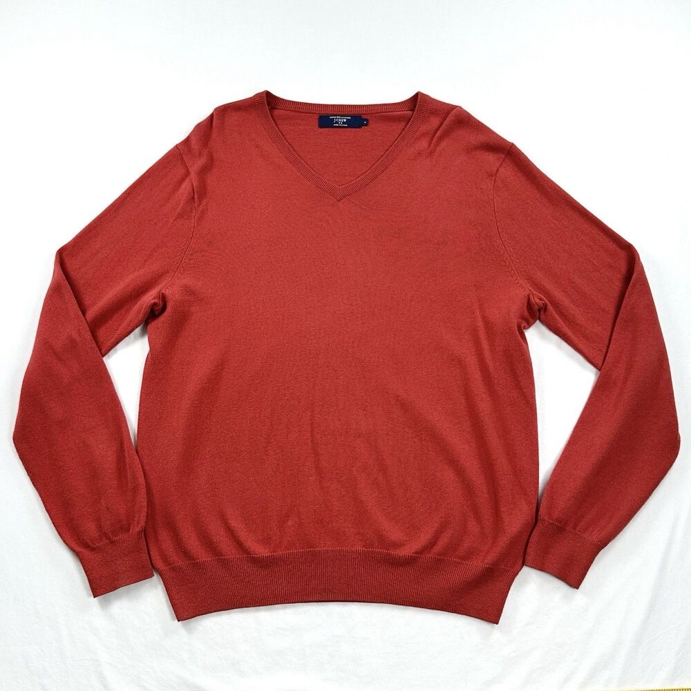 J.Crew Sweater Mens Large Orange Cotton Cashmere Blend V Neck Long Sleeve Preppy